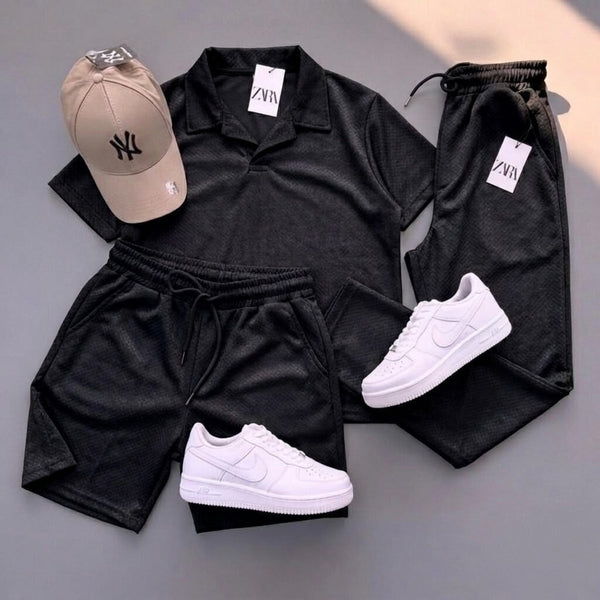 Men’s Premium 3-Piece Collar Track Suit – Summer Texture Fabric Set (Shirt + Shorts + Trouser)