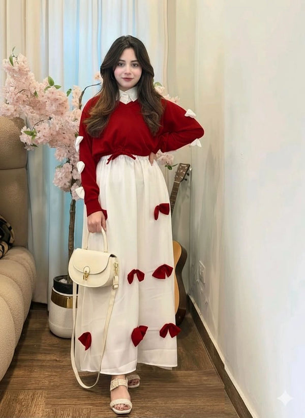 Premium Georgette 2-Piece Outfit – Elegant V-Neck Bow Stitched Top with Contrast Bow Maxi Flare