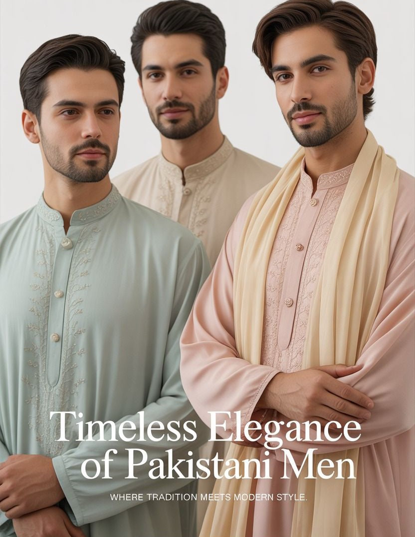 Timeless elegance of Pakistani men's fashion collection.